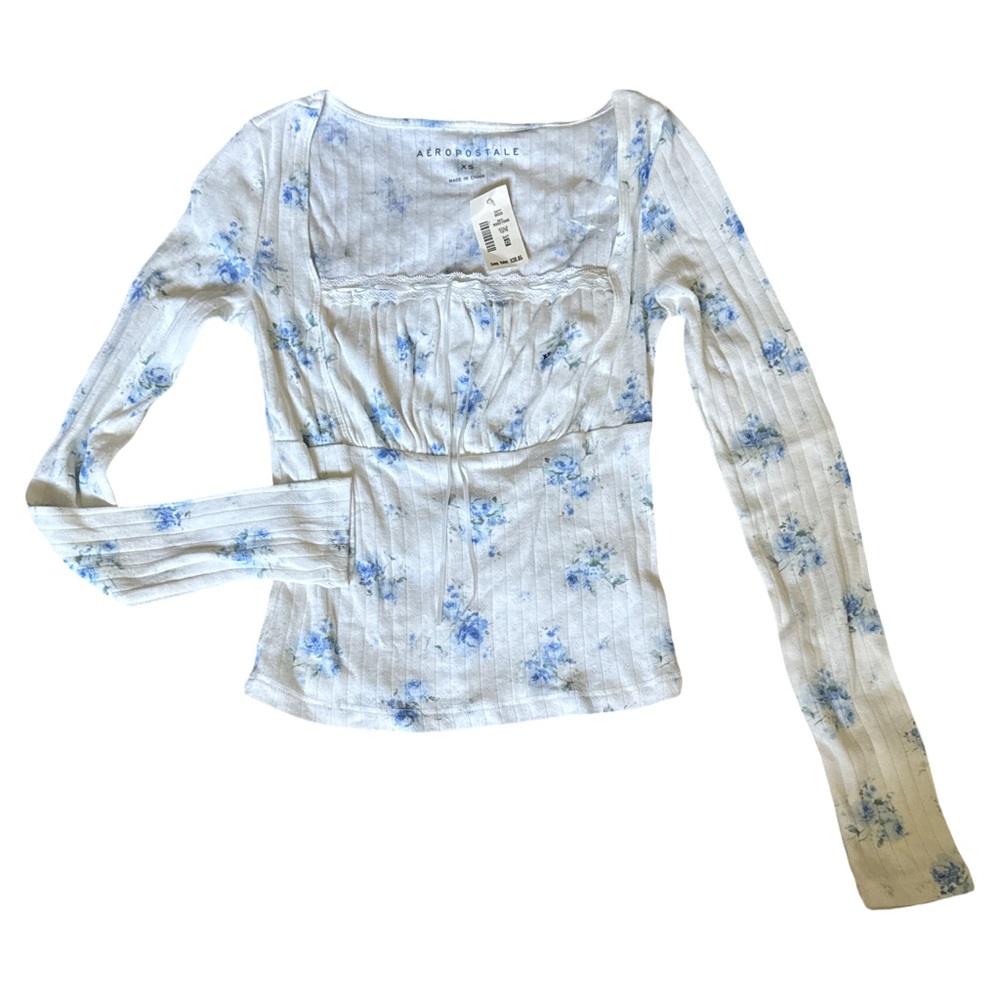 Aeropostale Blue Fitted Ribbed Long Sleeve Blouse